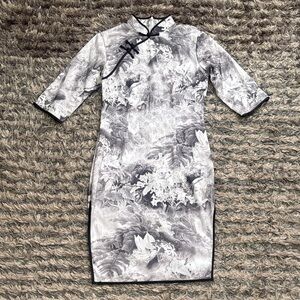 White and Black Water Painting Floral Qipao Dress, Mid-Sleeve, Fit Women’s S/M